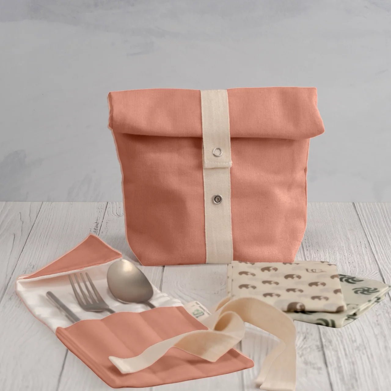 Eco Snack Bag Kit – Cotton Bag, Cutlery Wrap & Beeswax Wraps – Food Wraps on Brown Living™. SKU: ZWSBK-SB-CP-MW-CP. Img 2.