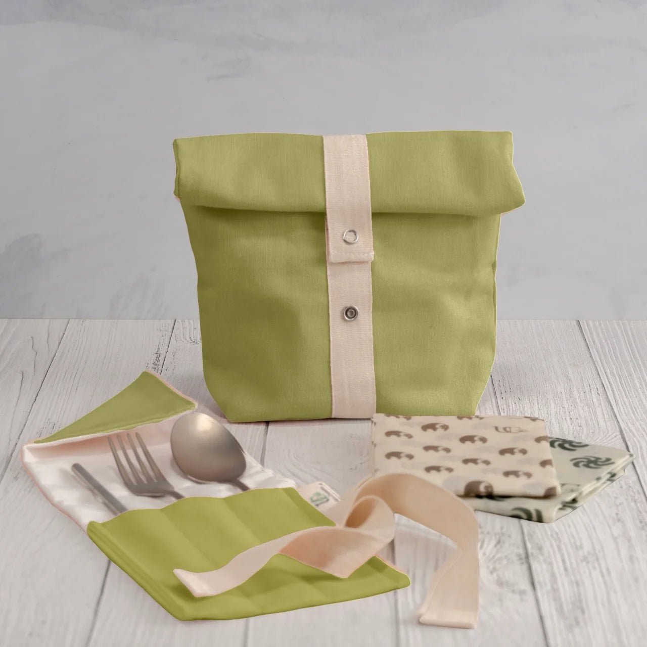 Eco Snack Bag Kit – Cotton Bag, Cutlery Wrap & Beeswax Wraps – Food Wraps on Brown Living™. SKU: ZWSBK-SB-CP-MW-OG. Img 4.