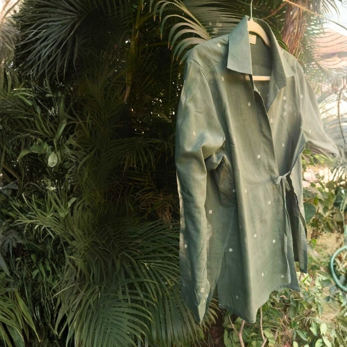 Eden Jamdani Cotton Wrap Shirt in Olive Green – Womens Shirt on Brown Living™. SKU: JDS6020-XS. Img 7.