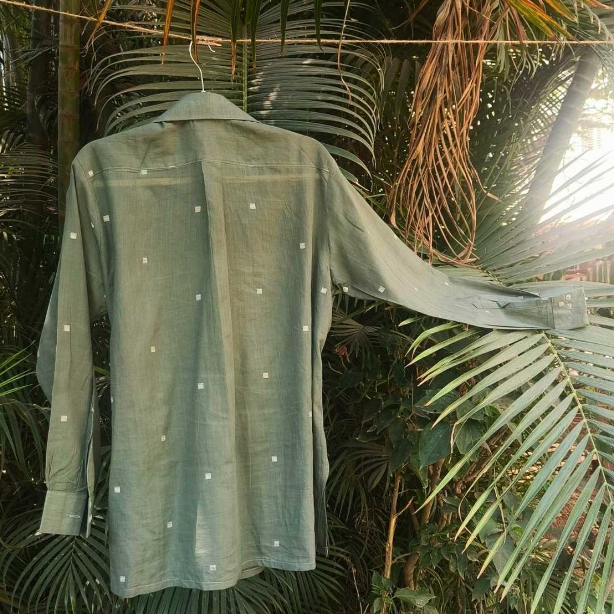 Eden Jamdani Cotton Wrap Shirt in Olive Green – Womens Shirt on Brown Living™. SKU: JDS6020-XS. Img 6.