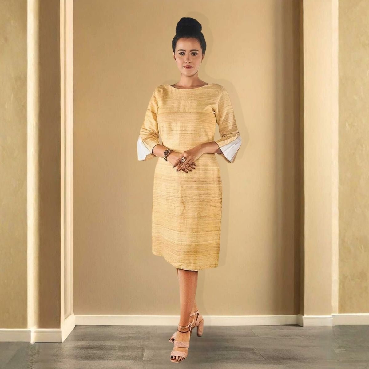 Eila Beige Eri Silk Shift Dress – Womens Dress on Brown Living™. SKU: JDS4017XS. Img 1.