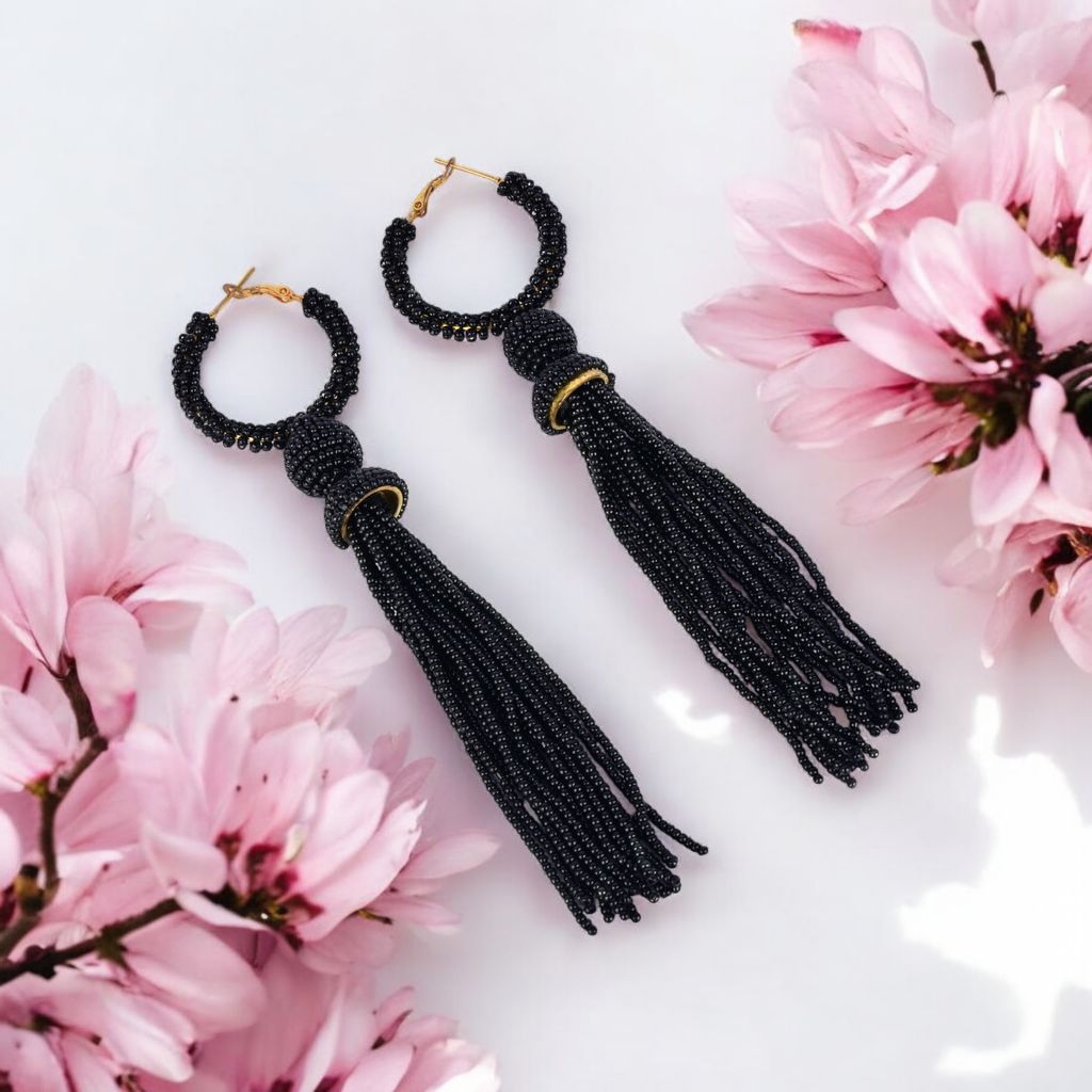 Elegant Gold - Tone Earrings with Crystals and Gems – Womens Earrings by Bamboology available on Brown Living™. Black - Tassel - Earring . SKU: BLACK - TASSE - EARRING. Img 12.
