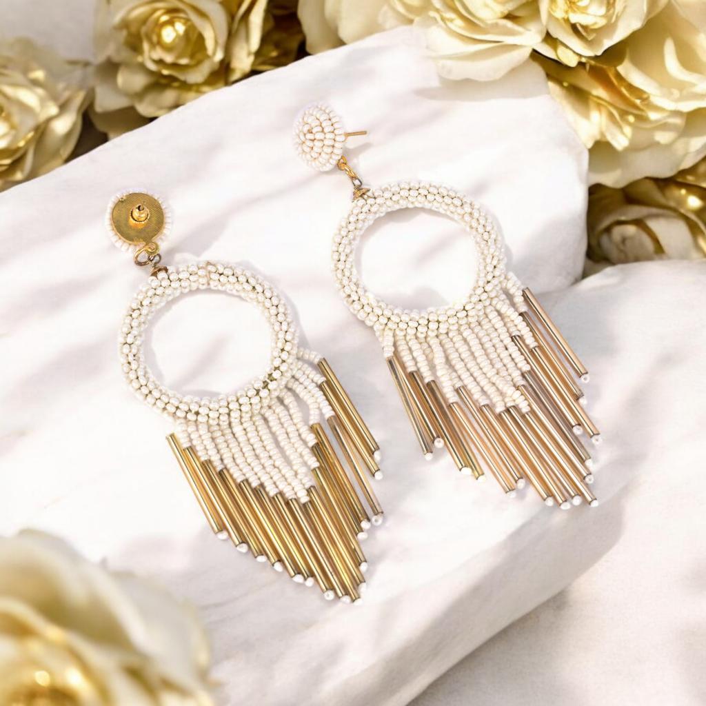 Elegant Gold - Tone Earrings with Crystals and Gems – Womens Earrings by Bamboology available on Brown Living™. Whit - Bead - Gold - Fringe . SKU: WHIT - BEA - GOLD - FRINGE. Img 56.
