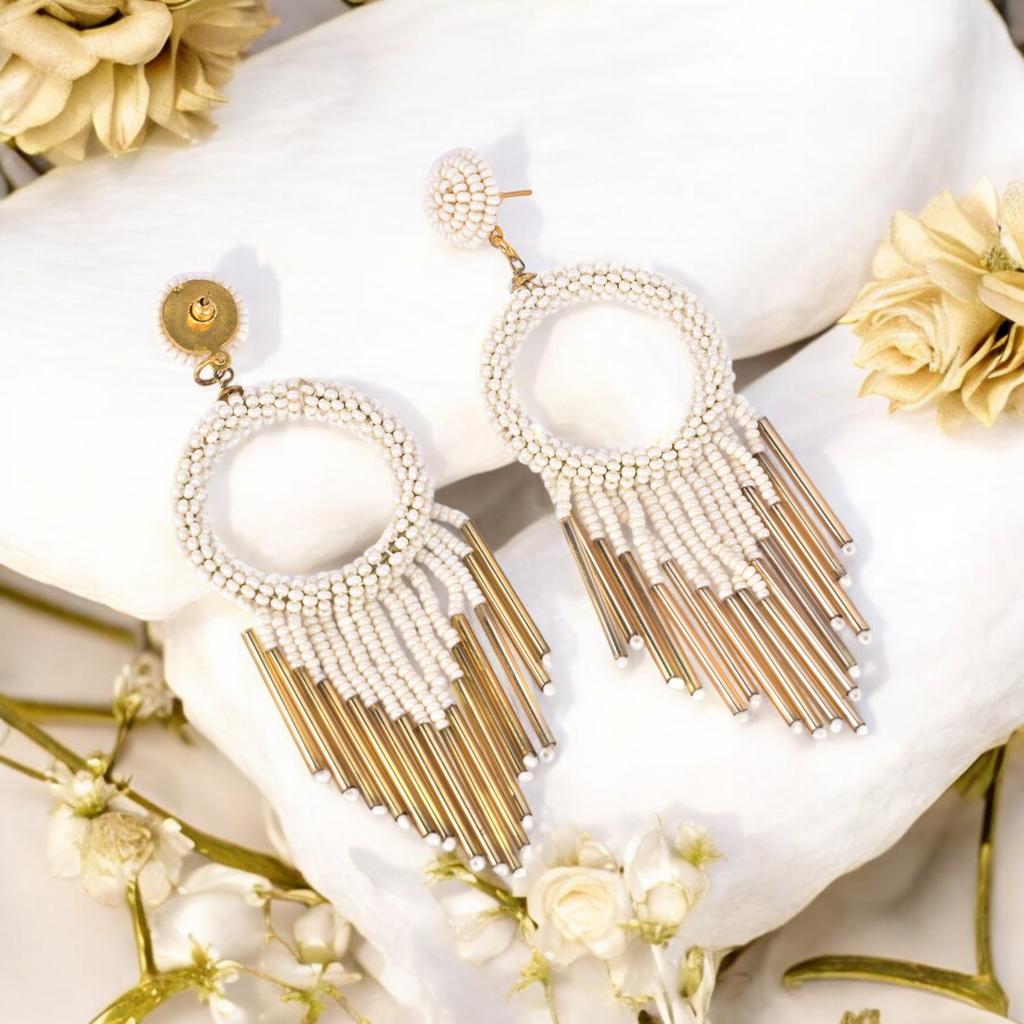 Elegant Gold - Tone Earrings with Crystals and Gems – Womens Earrings by Bamboology available on Brown Living™. Whit - Bead - Gold - Fringe . SKU: WHIT - BEA - GOLD - FRINGE. Img 57.