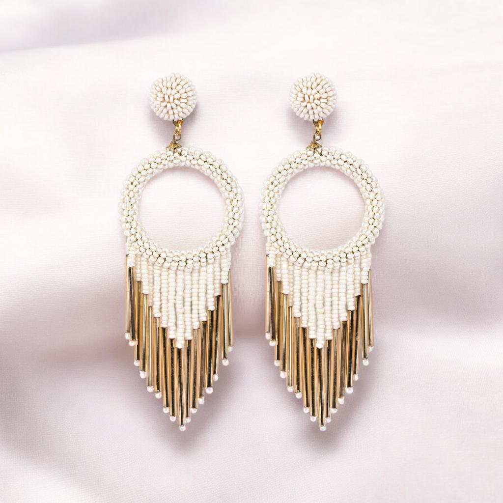 Elegant Gold - Tone Earrings with Crystals and Gems – Womens Earrings by Bamboology available on Brown Living™. Whit - Bead - Gold - Fringe . SKU: WHIT - BEA - GOLD - FRINGE. Img 55.