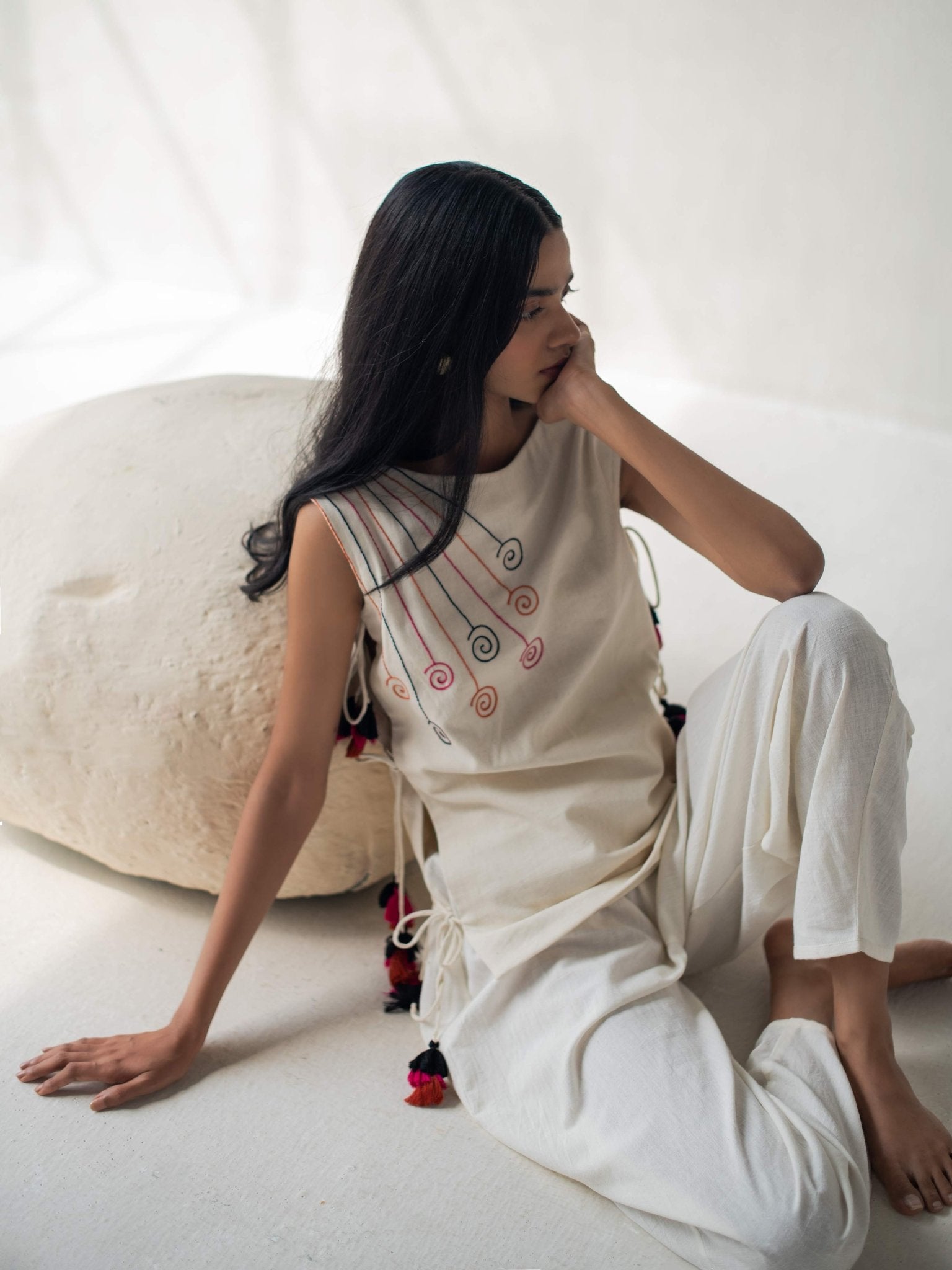 Elegant Ivory Khadi Drawstring Top for Women – Womens Top on Brown Living™. SKU: DCSS25L01S. Img 1.