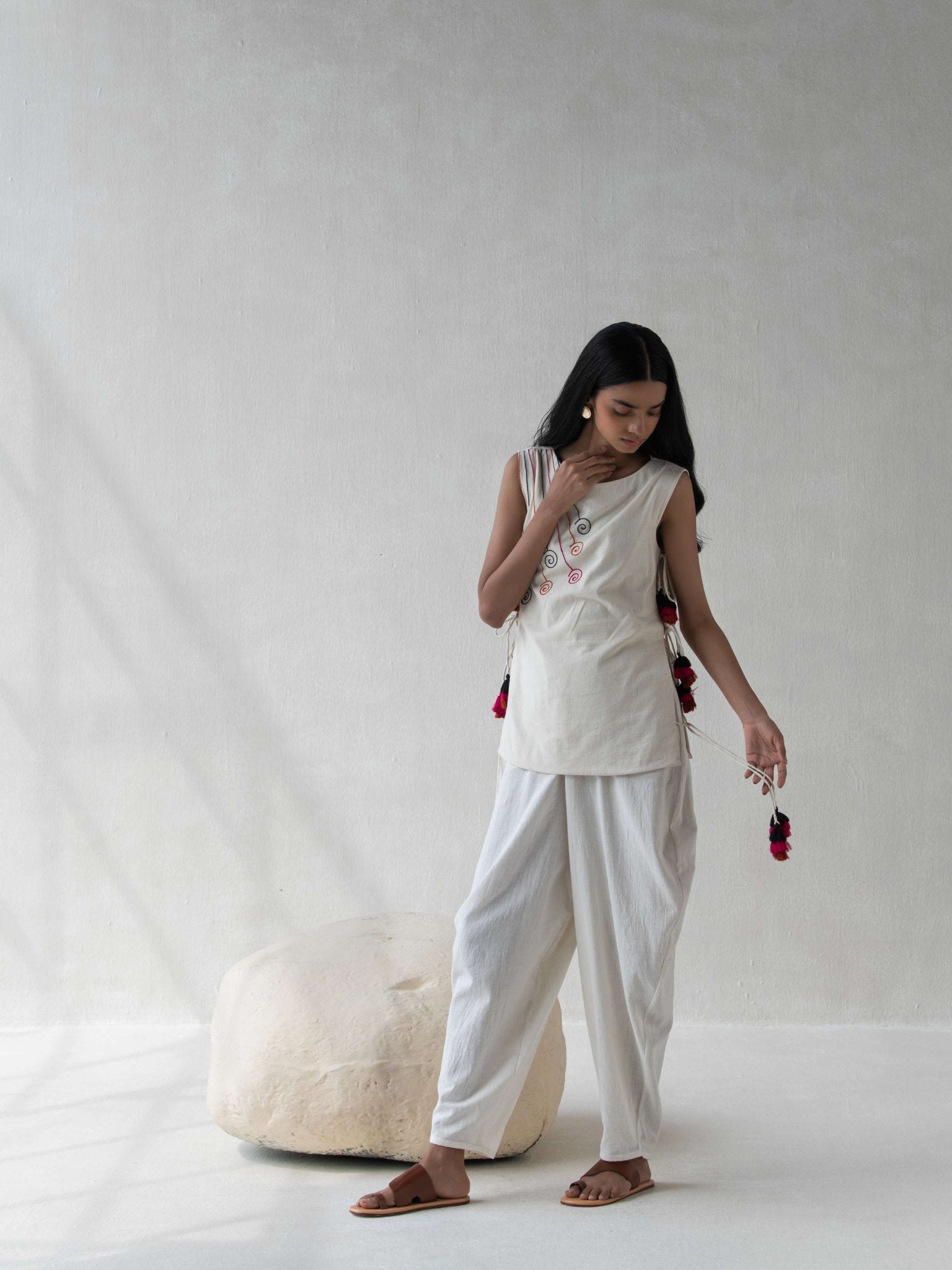 Elegant Ivory Khadi Drawstring Top for Women – Womens Top on Brown Living™. SKU: DCSS25L01S. Img 3.