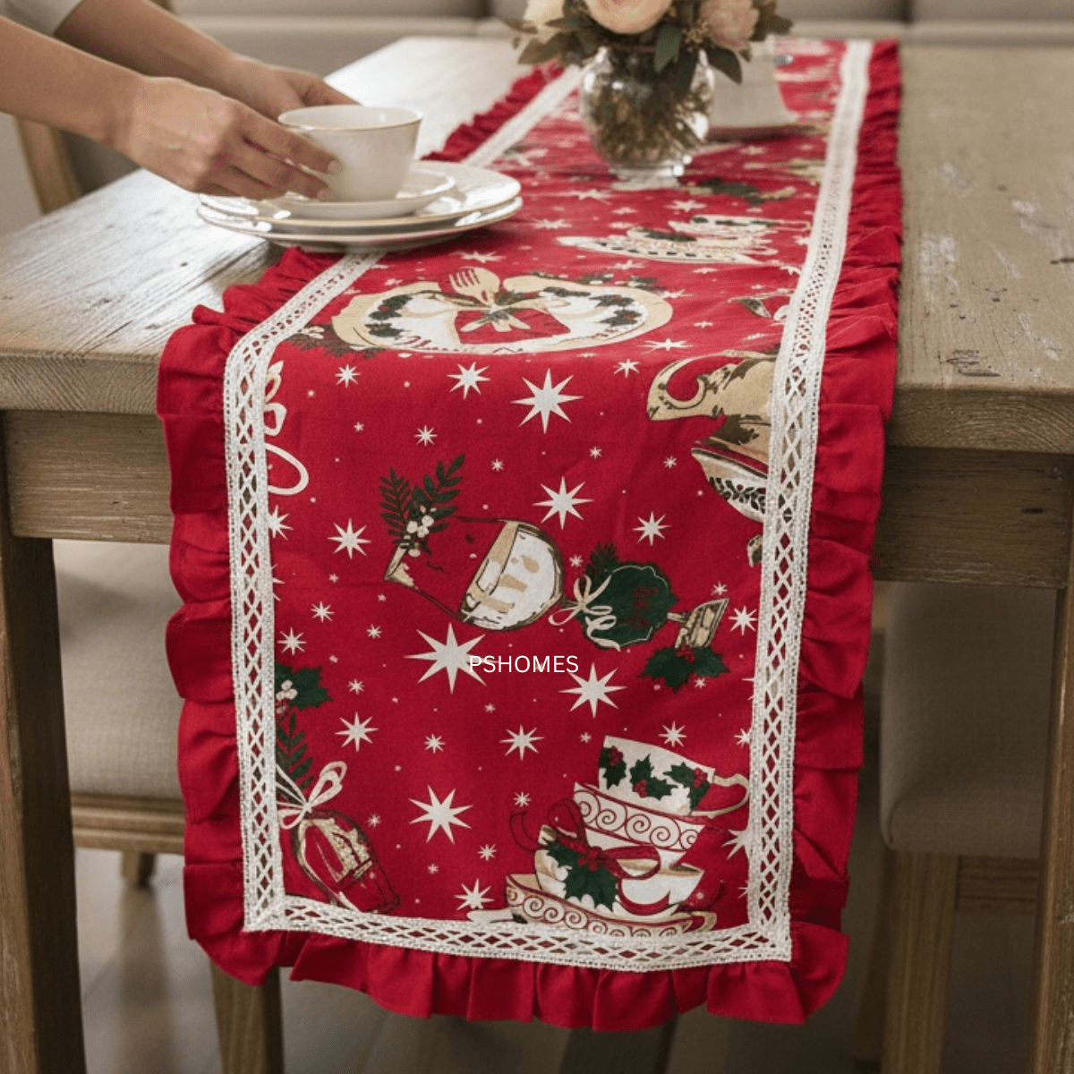 Embroidery Lace Border Cotton Table Runner 6 Feet – Table Linens on Brown Living™. SKU: RUNNER-CHRISTMAS. Img 7.