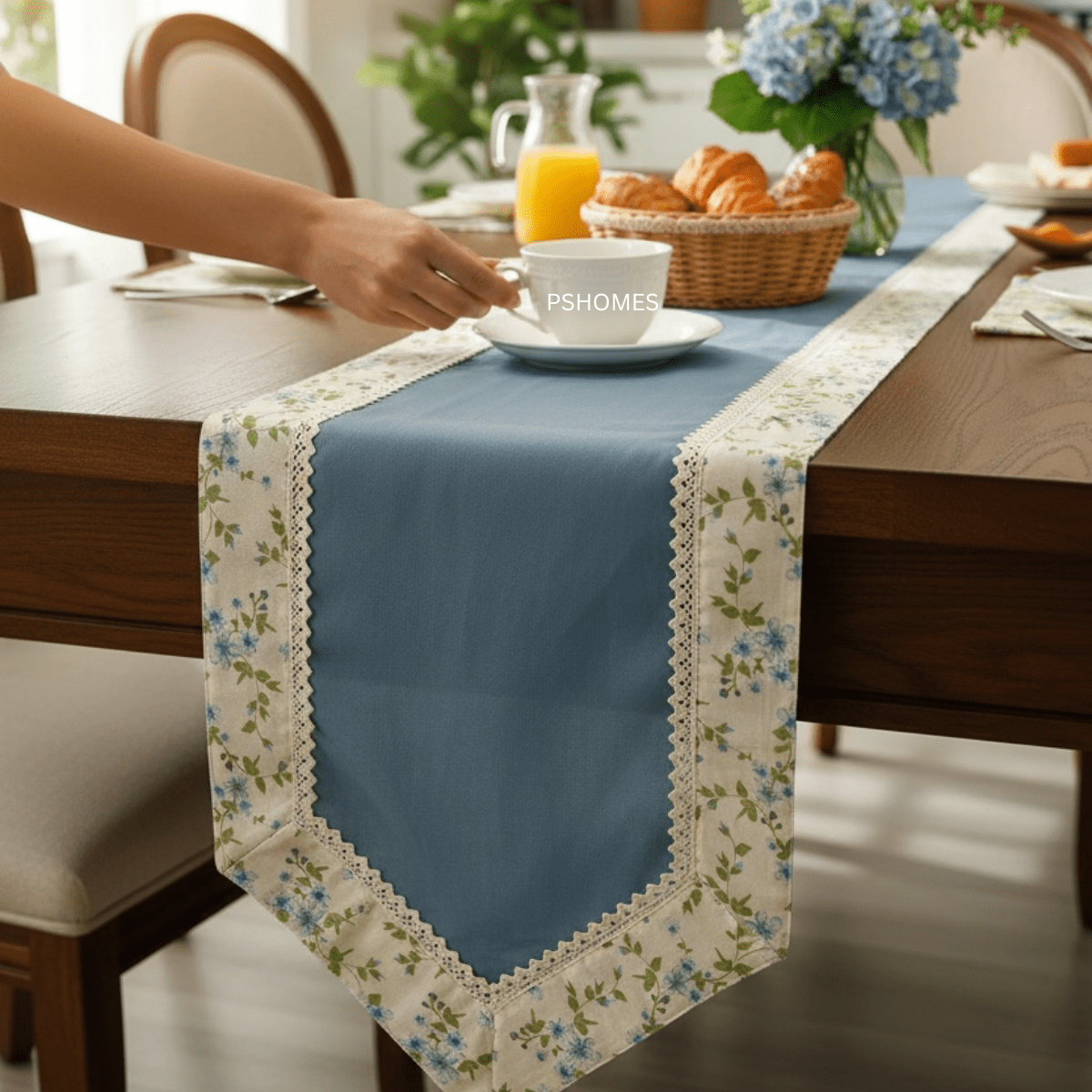 Embroidery Lace Border Cotton Table Runner 6 Feet – Table Linens on Brown Living™. SKU: RUNNER-EMBLUE. Img 1.