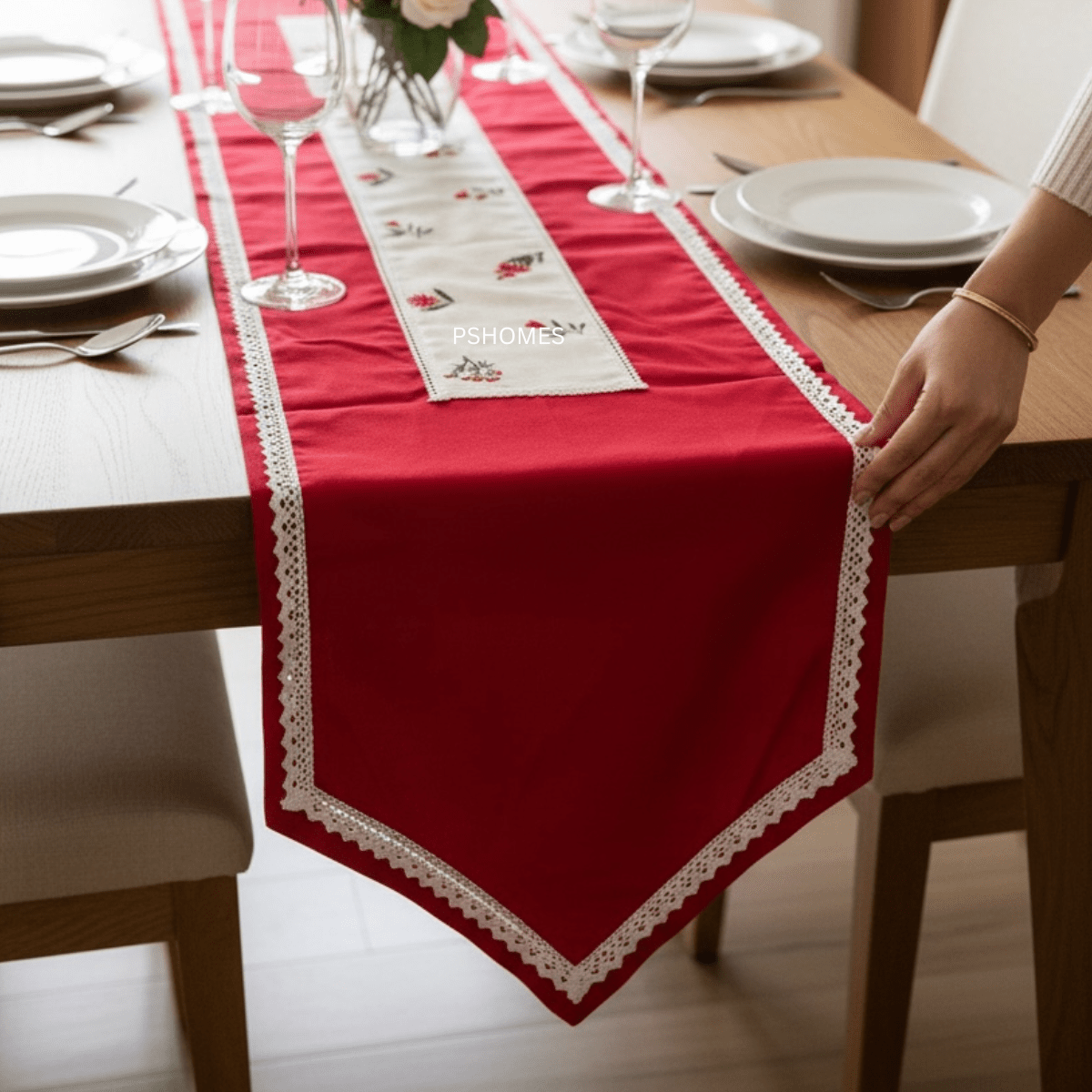 Embroidery Lace Border Cotton Table Runner 6 Feet – Table Linens on Brown Living™. SKU: RUNNER-EMBRED. Img 5.