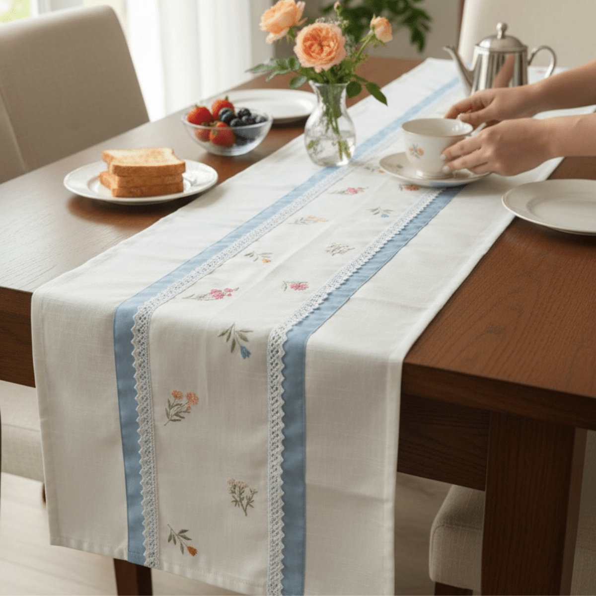 Embroidery Lace Border Cotton Table Runner 6 Feet – Table Linens on Brown Living™. SKU: RUNNER-LUXEBLUEWHITE. Img 9.