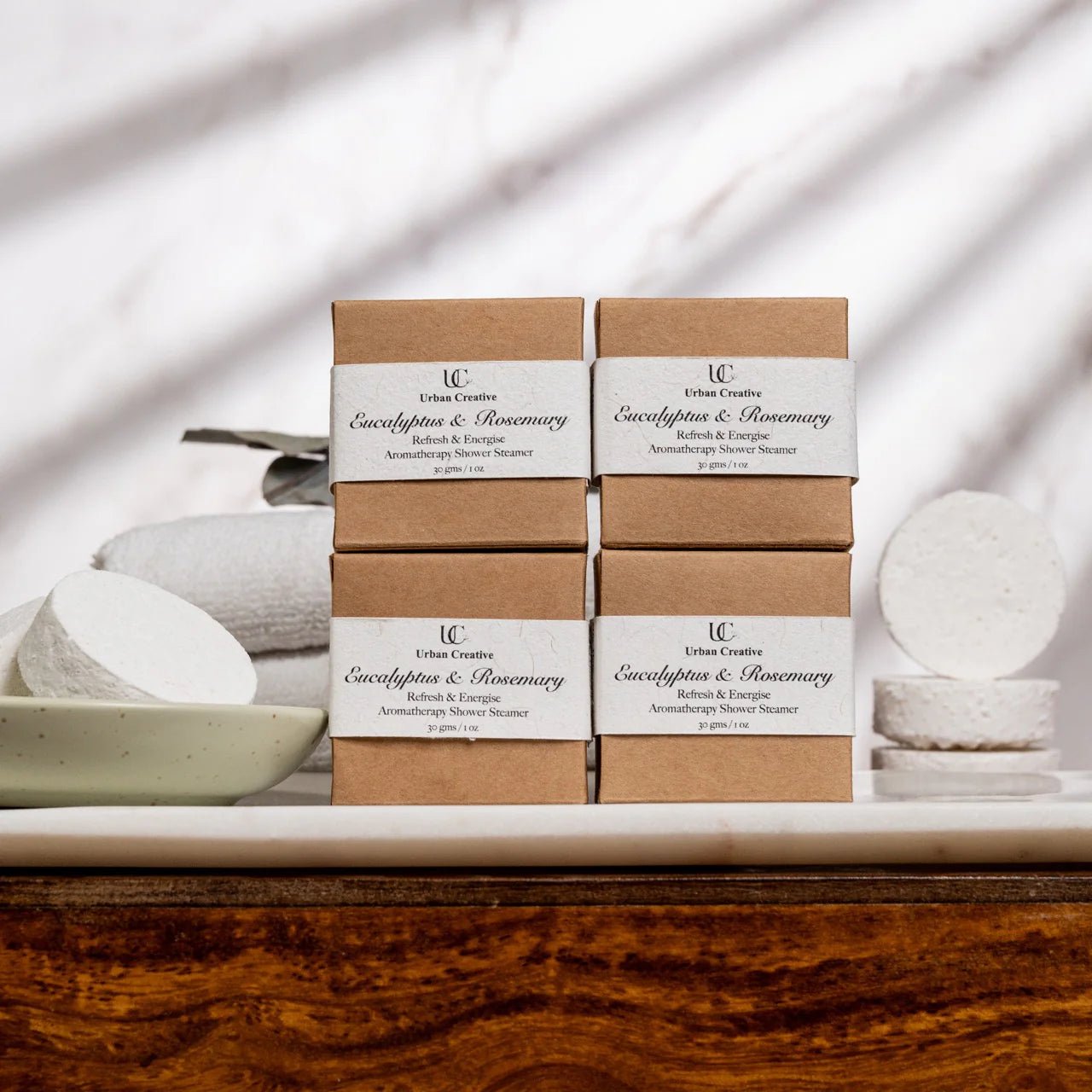 Eucalyptus And Rosemary Shower Steamers Refresh Set Of 4 – Bath Salt on Brown Living™. SKU: SS_4ER_GS. Img 3.