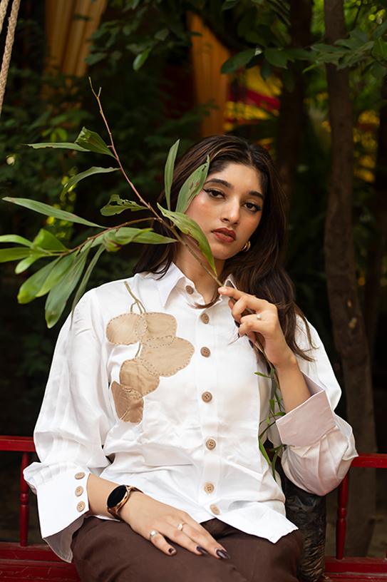 Eucalyptus Essence Appliqué Shirt for Women | Soft Eucalyptus Fabric – Womens Shirt on Brown Living™. SKU: ES-01. Img 4.