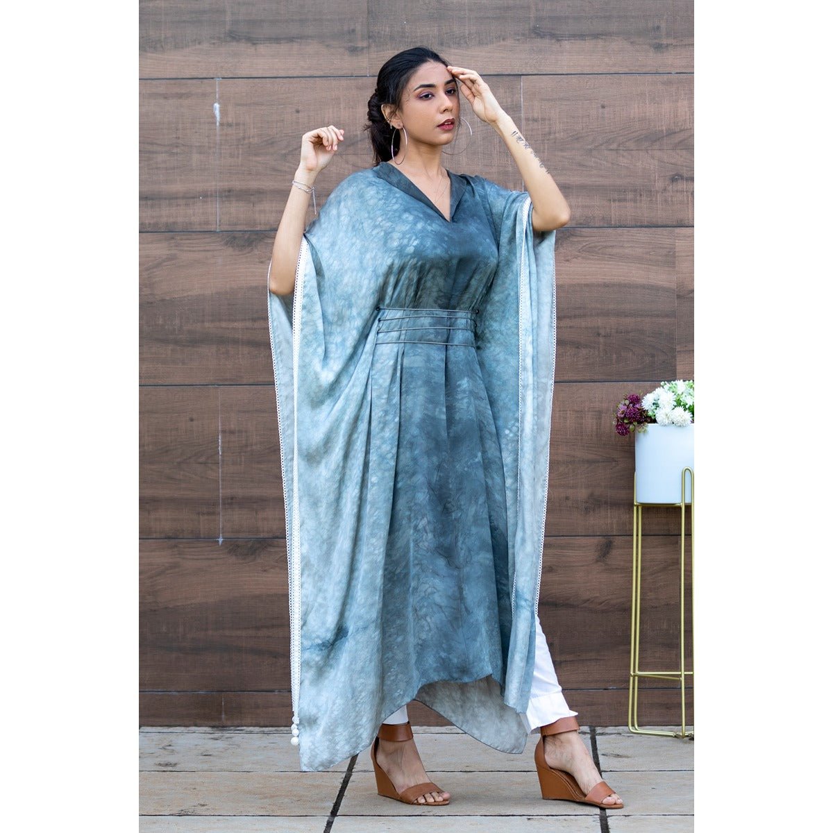 Eve Kaftan Kurti | Flowy Satin Kaftan Style Kurti for Women – Womens Ethnic Sets on Brown Living™. SKU: TMS0162-XS. Img 2.