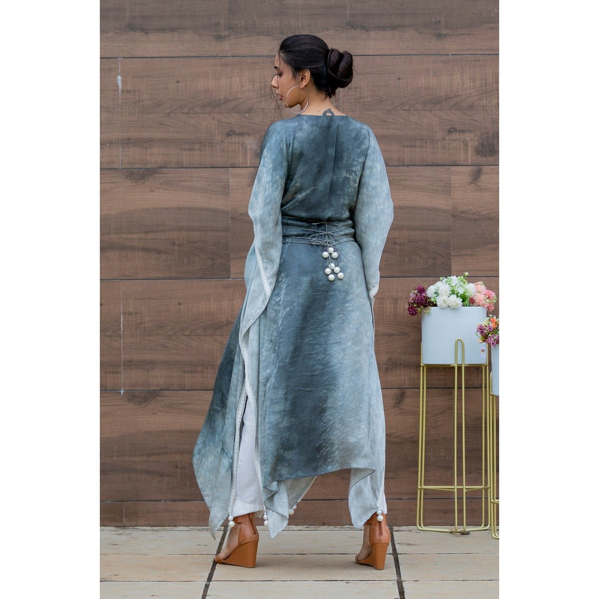 Eve Kaftan Kurti | Flowy Satin Kaftan Style Kurti for Women – Womens Ethnic Sets on Brown Living™. SKU: TMS0162-XS. Img 5.