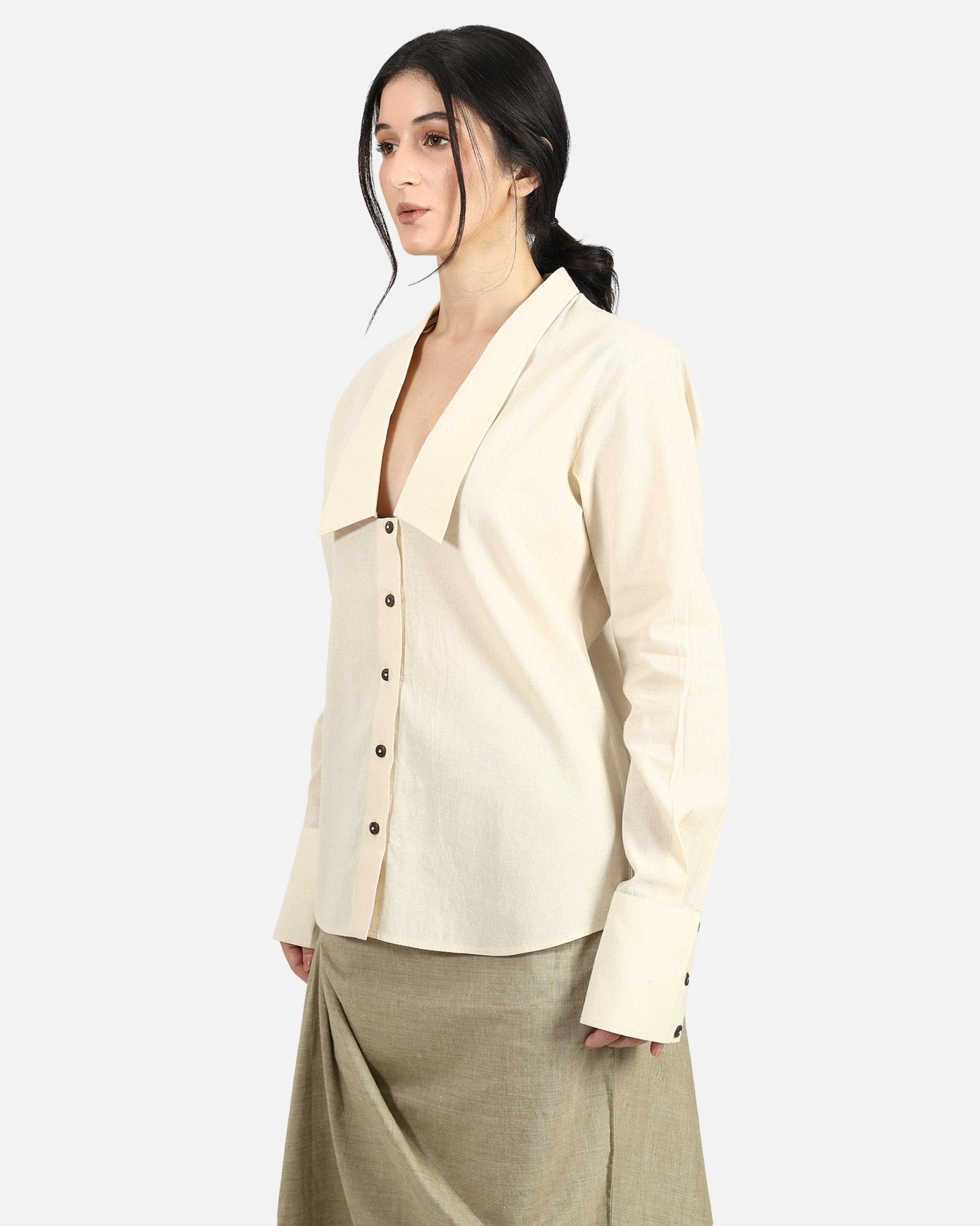 Extended Collar Shirt – Elegant Modern Fashion Statement – Womens Shirt on Brown Living™. SKU: ACB2026004. Img 5.