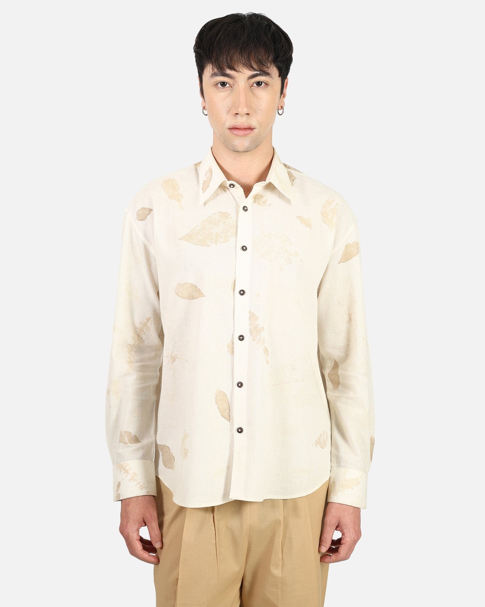Fallen Leaf Shirt – Nature-Inspired Casual Cotton Shirt for Everyday – Womens Shirt on Brown Living™. SKU: ACL2026006. Img 5.