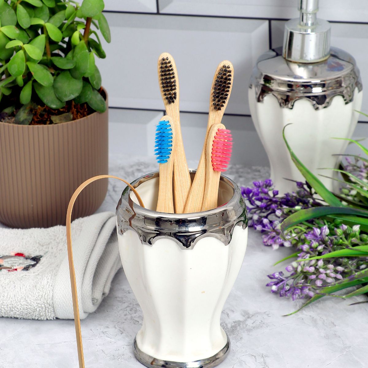 Family Bamboo Toothbrush Set | 2 Adult 2 Kids Brushes & Tongue Cleaner – Tooth Brush on Brown Living™. SKU: KOE-016-MI. Img 3.