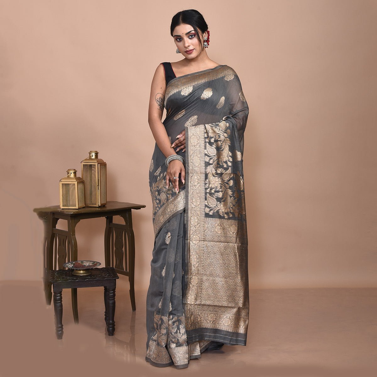 Fancy Banaras Cotton Saree – Womens Saree by Stotra available on Brown Living™. Ash . SKU: ST - COT - SAR - ASH - 04. Img 10.