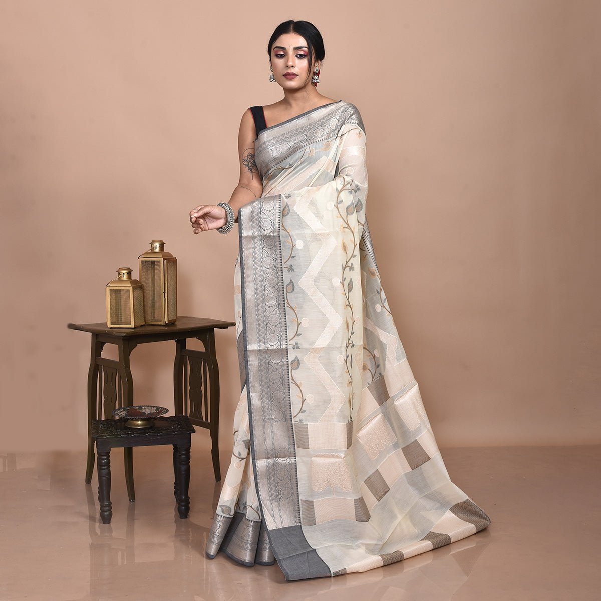 Fancy Banaras Cotton Saree – Womens Saree by Stotra available on Brown Living™. Off - White . SKU: ST - COT - SAR - WHI - 02. Img 9.