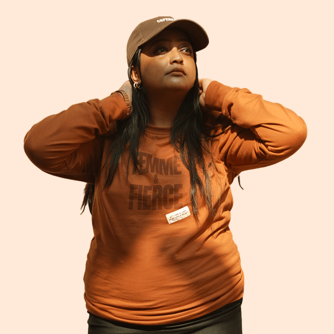 Femme & Fierce Brown Sweatshirt | Cozy Women’s Cotton Fleece Wear – Womens Sweatshirt on Brown Living™. SKU: 2FemmeFierceCaramelSWTSHRTS. Img 2.