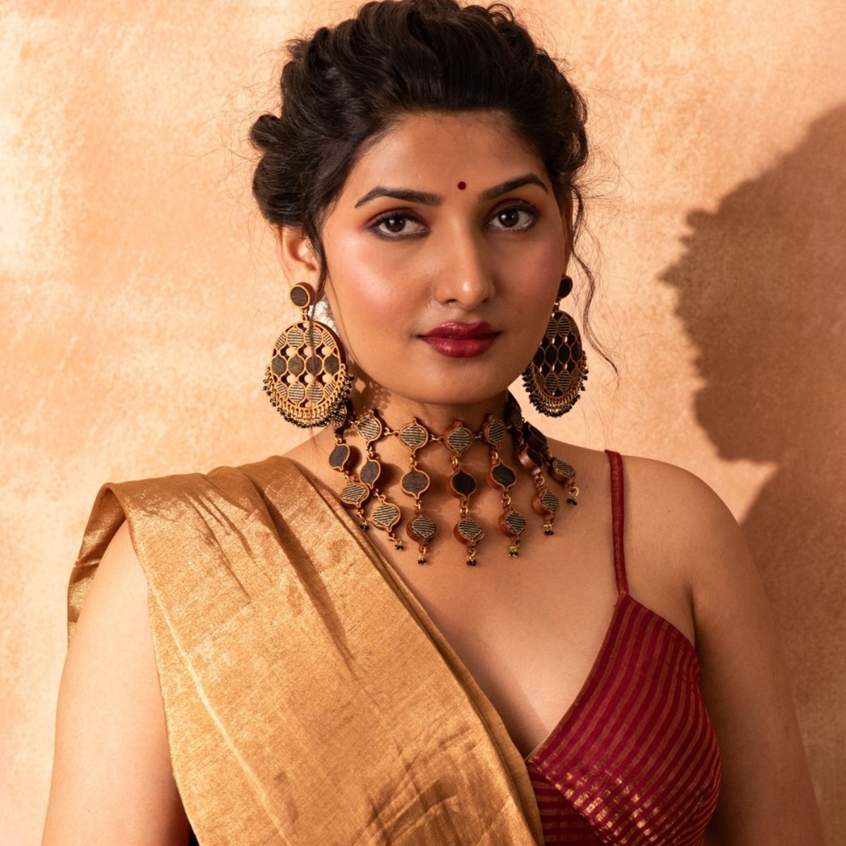 Festive Multi Layered Repurposed Fabric & Wood Necklace Earrings – Womens Earrings on Brown Living™. SKU: JCC026. Img 1.