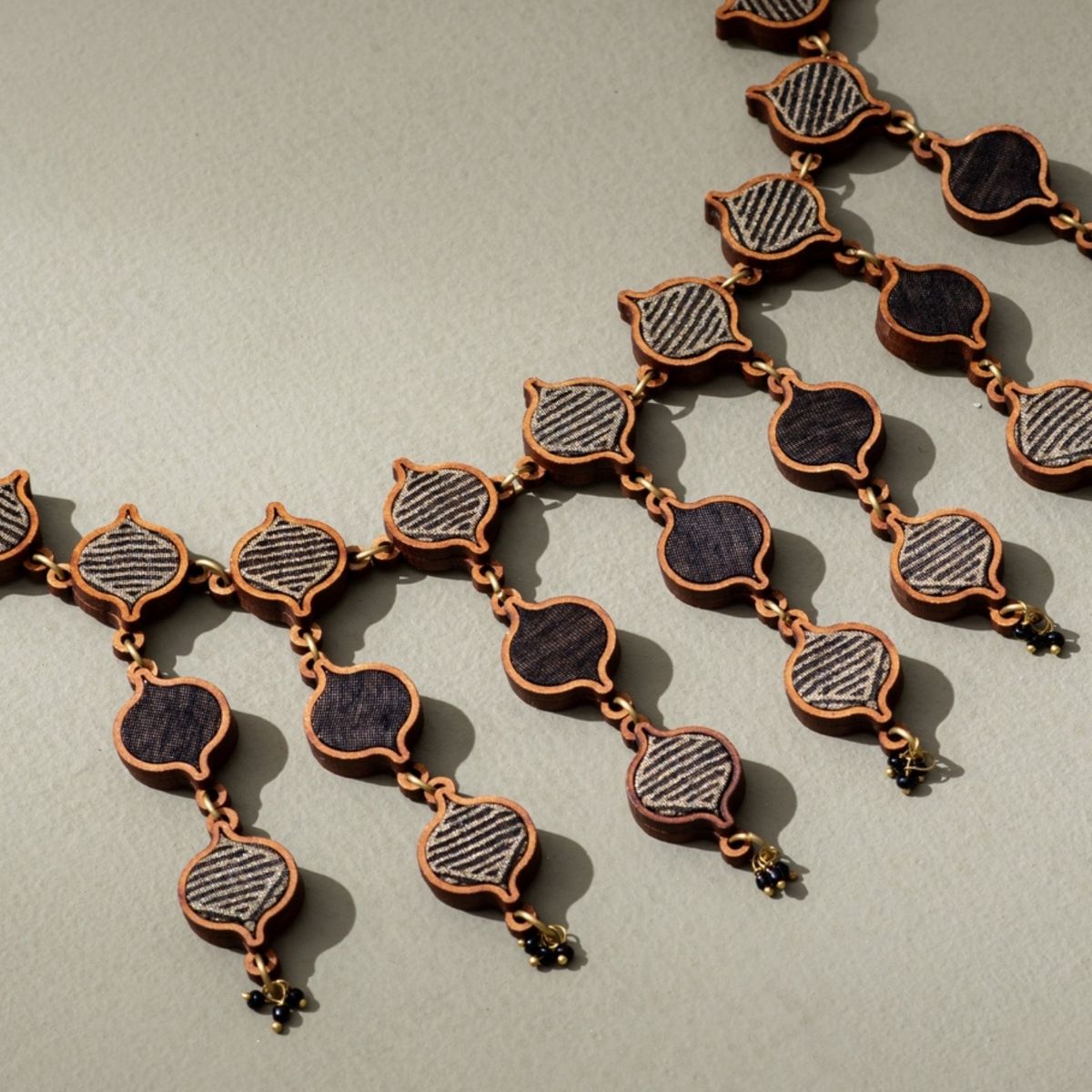 Festive Multi Layered Repurposed Fabric & Wood Necklace Earrings – Womens Earrings on Brown Living™. SKU: JCC026. Img 4.