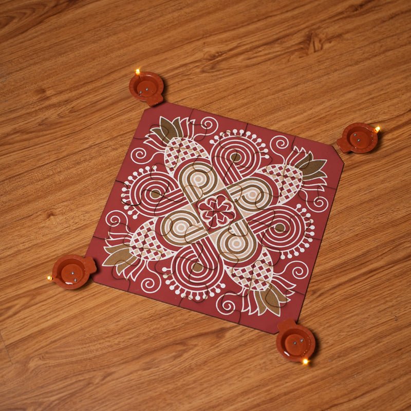Festive Rangoli Earthen Puzzle, Wooden 12 Pieces & 4 Water Sensor Diya – Home Decor on Brown Living™. SKU: MJ00047DR. Img 4.