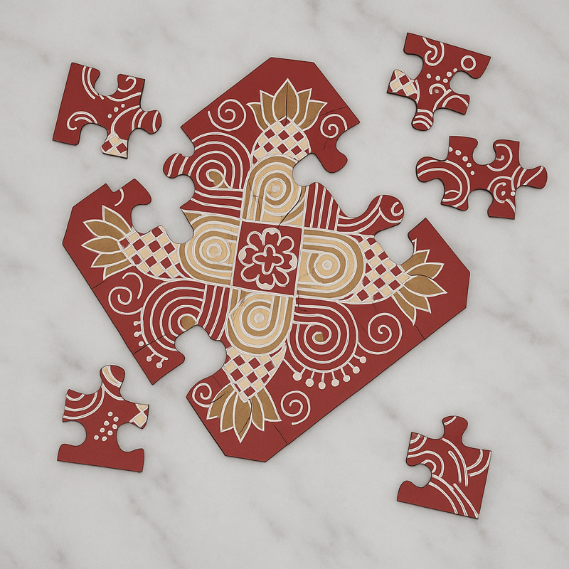 Festive Rangoli Earthen Puzzle, Wooden 12 Pieces & 4 Water Sensor Diya – Home Decor on Brown Living™. SKU: MJ00047DR. Img 2.