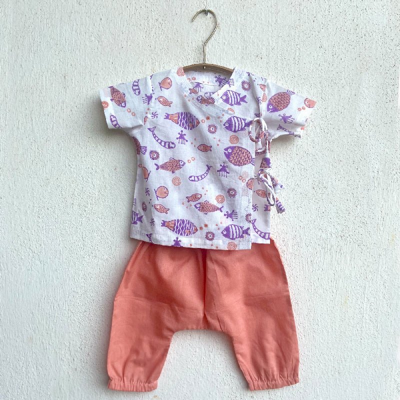 Fish Print Angarakha Top with Pants – Kids Daywear Sets by Whitewater Kids available on Brown Living™. 0 - 3 Months Peach &Purple. SKU: KOI - PCH - ANGPJ - 03. Img 7.