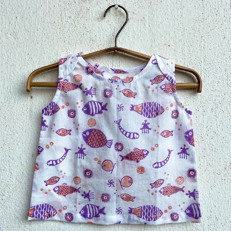 Fish Print Kurta with Pants – Kids Daywear Sets by Whitewater Kids available on Brown Living™. 6 - 9 Months Peach & Purple. SKU: KOI - PCH - KURPJ - 69. Img 9.