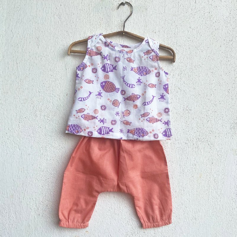 Fish Print Kurta with Pants – Kids Daywear Sets by Whitewater Kids available on Brown Living™. 6 - 9 Months Peach & Purple. SKU: KOI - PCH - KURPJ - 69. Img 8.
