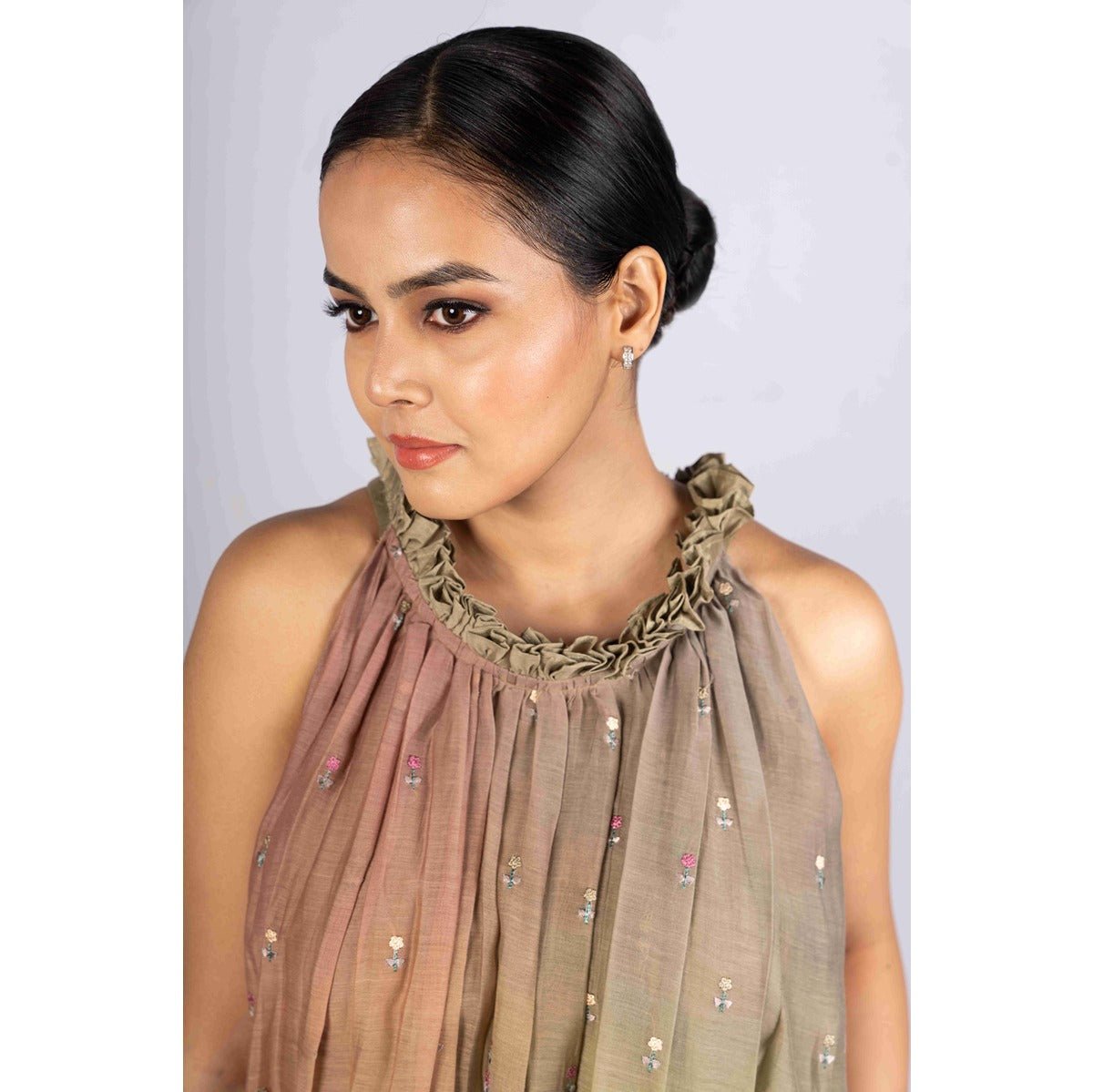 Fiza Ombre Mull Chanderi Embroidered Flared Dress – Womens Dress on Brown Living™. SKU: HD022XSN. Img 3.