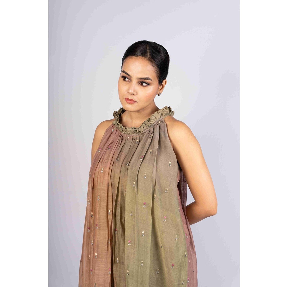 Fiza Ombre Mull Chanderi Embroidered Flared Dress – Womens Dress on Brown Living™. SKU: HD022XSN. Img 4.
