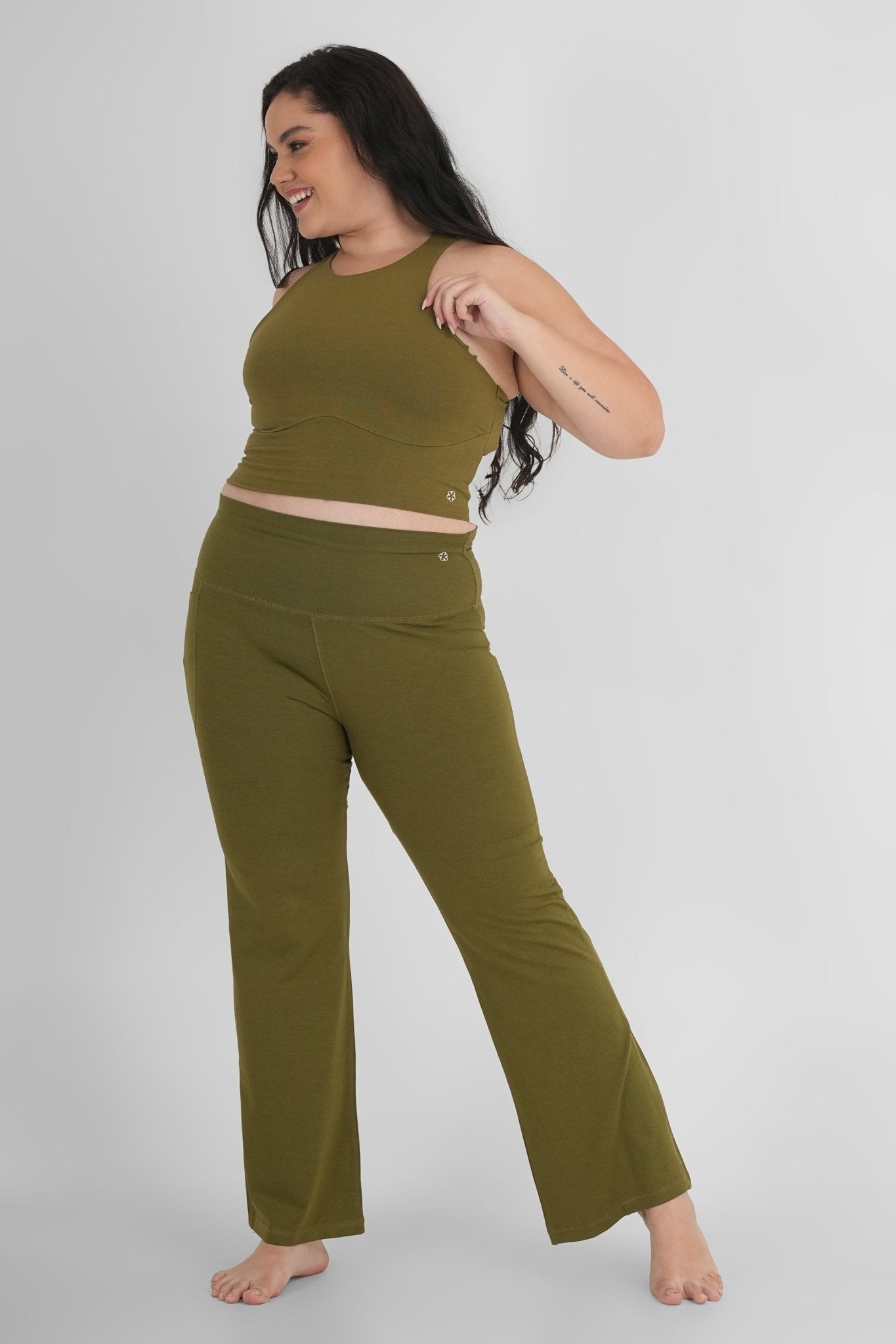 Flattering Flare Soft Yoga Pants – High Comfort Stretch Activewear – Womens Pant on Brown Living™. SKU: ELSNKLPXS. Img 11.