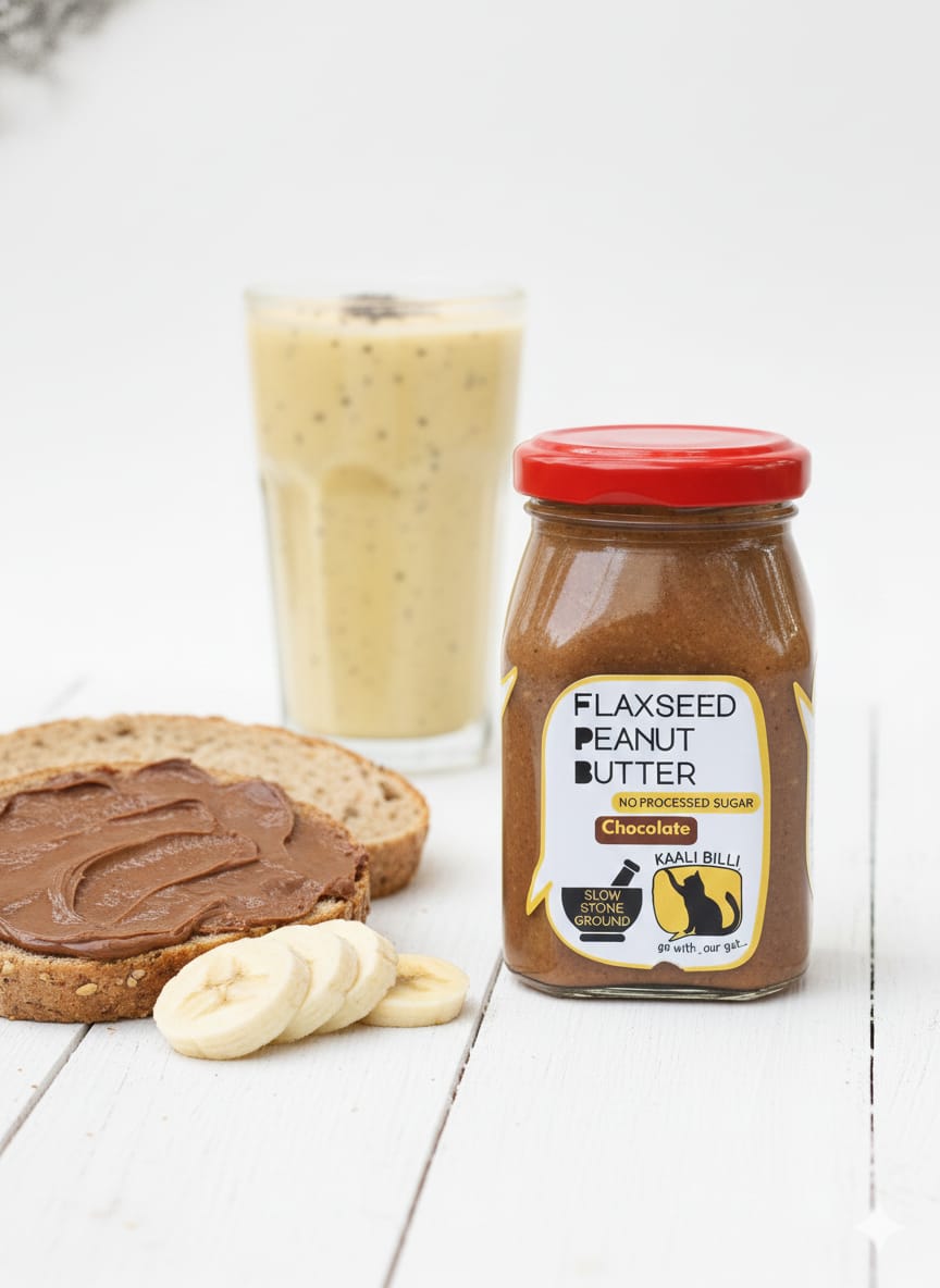 Flaxseed Peanut Butter Chocolate 330g | High Protein Chocolate Spread – Jams & Spreads on Brown Living™. SKU: KBFPBCH. Img 2.
