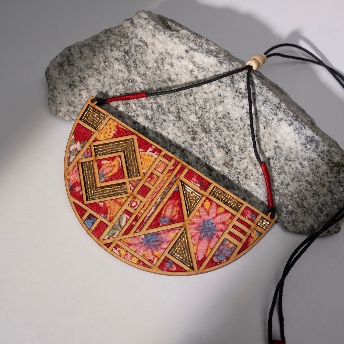 Floral Half Moon Multicolor Fabric & Wood Necklace Earring Set – Womens Earrings on Brown Living™. SKU: JCC039. Img 4.