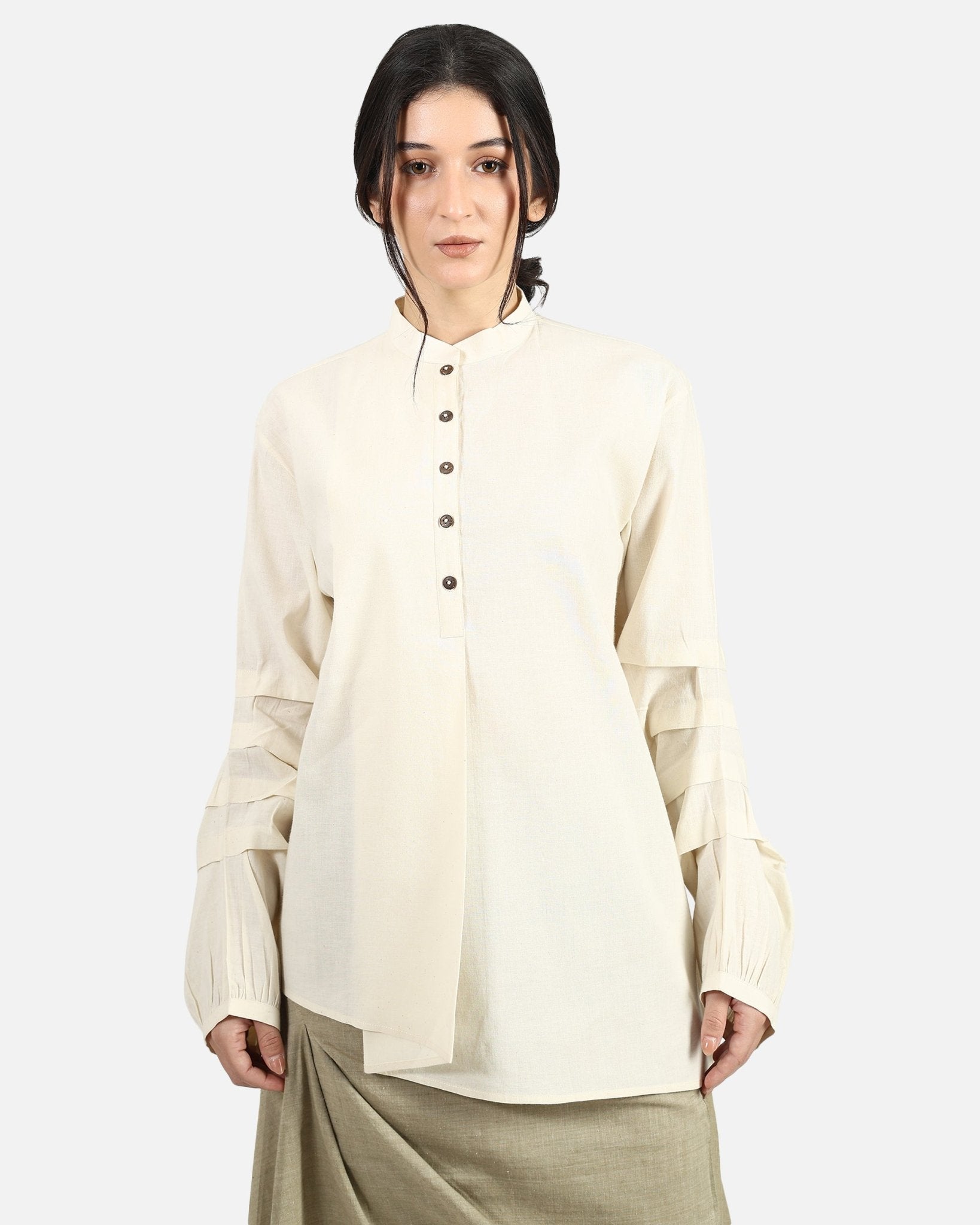 Foldline Sleeve Shirt – Modern Women's Shirt with Structured Sleeves – Womens Shirt on Brown Living™. SKU: ACB2026012. Img 6.