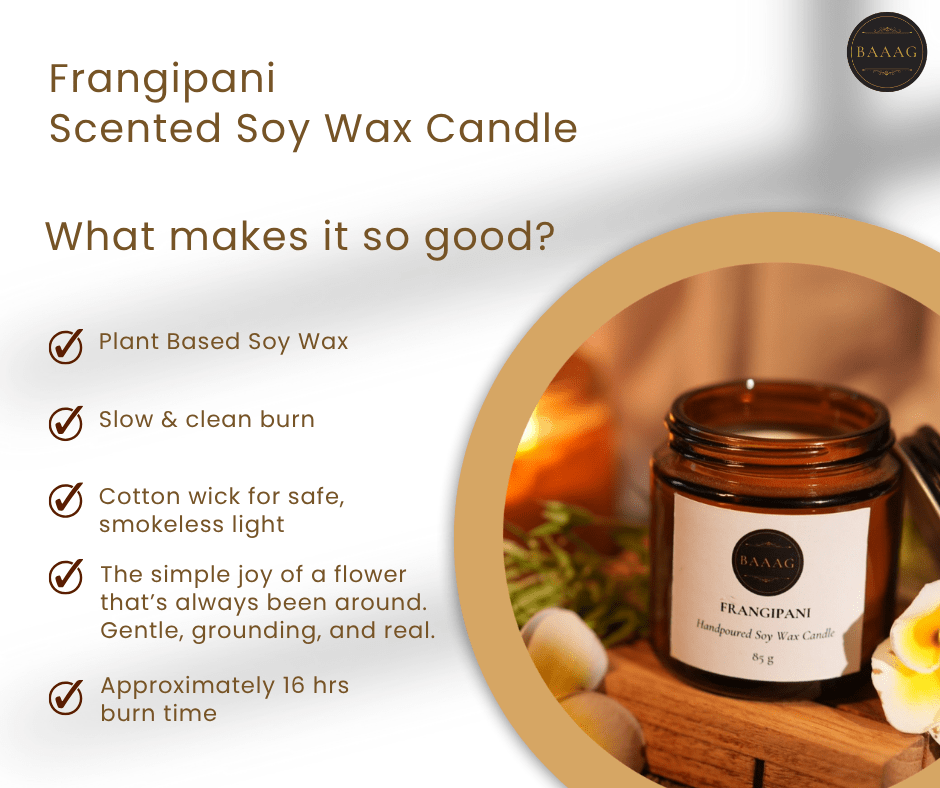 Frangipani Scented Soy Wax Candle – Natural & Long Lasting – Candles & Fragrances on Brown Living™. SKU: BGSC000010. Img 5.
