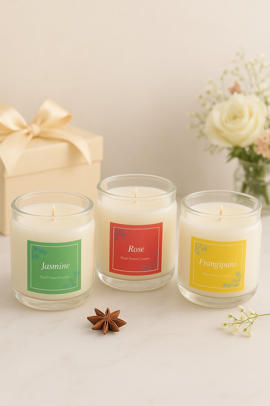 Frangrant Flower Candle Jars in Frangipani, Jasmine & Rose – Candles & Fragrances on Brown Living™. SKU: SN2560. Img 2.