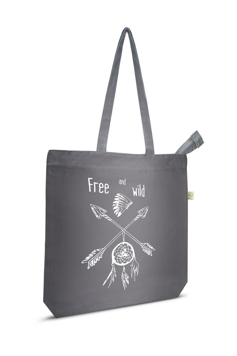 Free and Wild- Premium Cotton Canvas Tote Bag with Zip- Grey | Verified Sustainable Tote Bag on Brown Living™