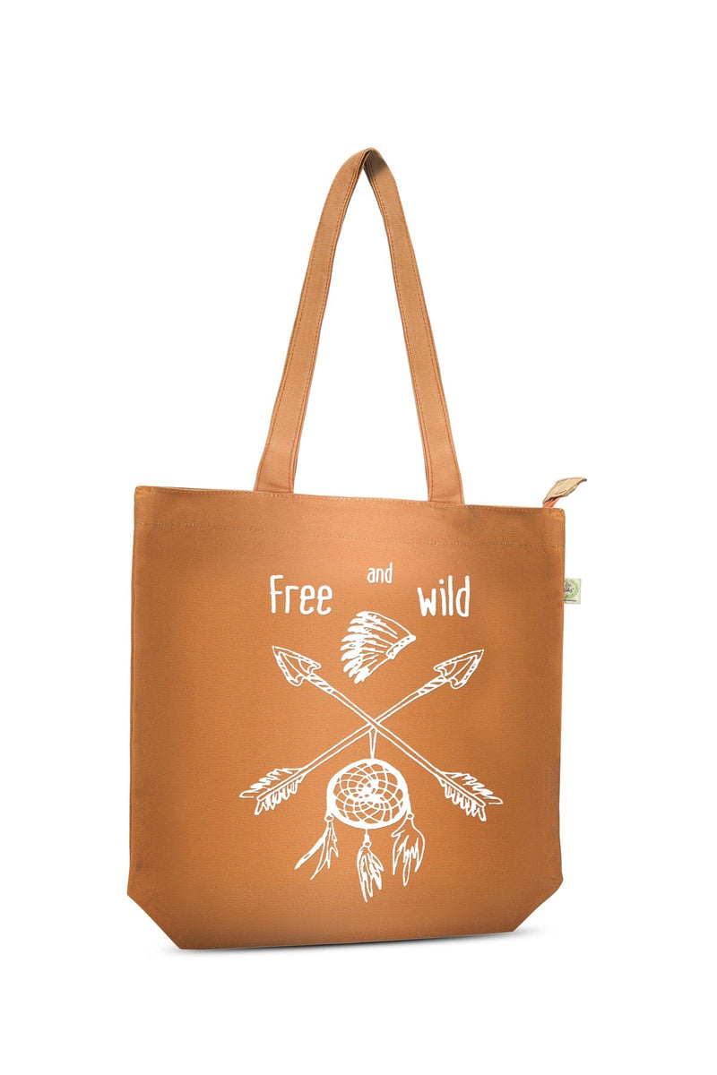 Free and Wild- Premium Cotton Canvas Tote Bag with Zip- Tan | Verified Sustainable Tote Bag on Brown Living™