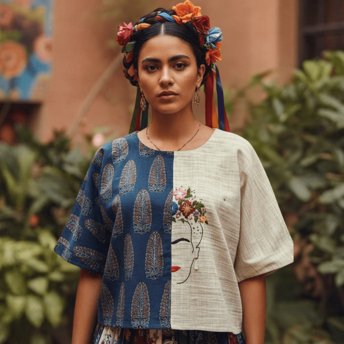 Frida Handwoven Khadi & Ajrakh Anti - Fit Top | Slow Fashion – Womens Top on Brown Living™. SKU: AS-WT-XS. Img 1.