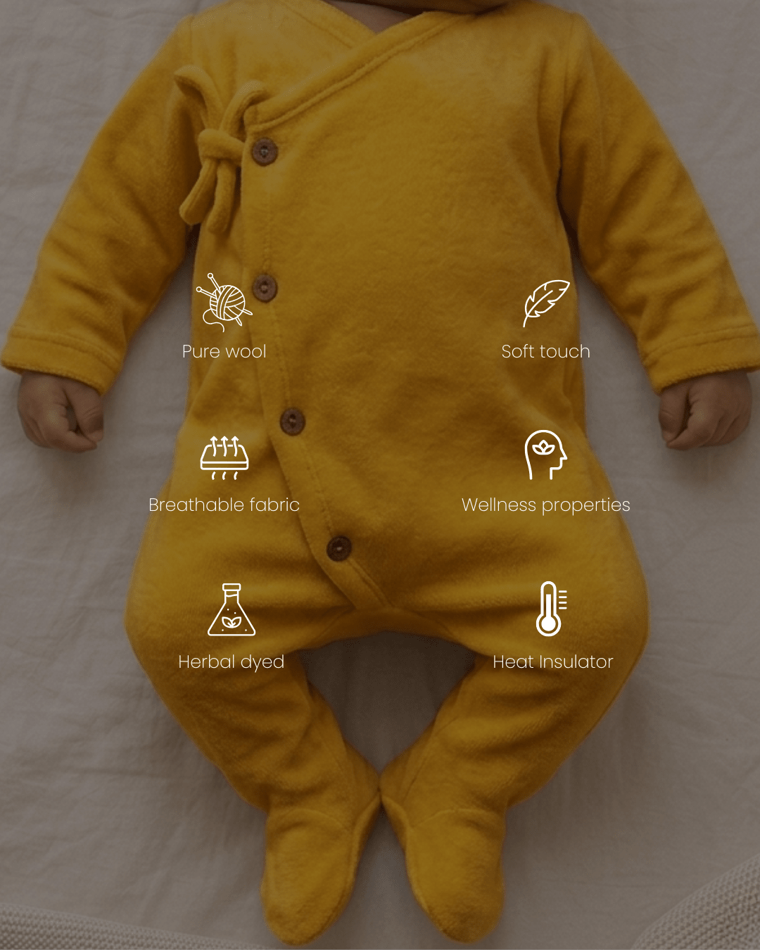 Full Onesie for Babies | Pure Wool Herbal Dyed Full Sleeved Tee – Kids Daywear Sets on Brown Living™. SKU: OBB03011. Img 6.