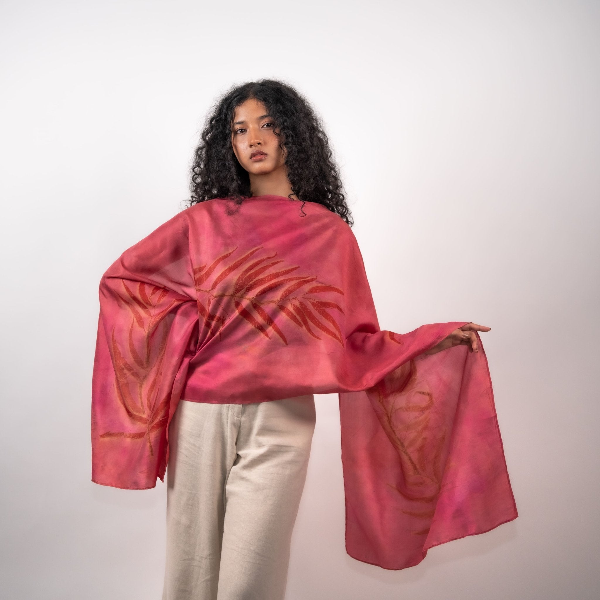 Fuschia Eucalyptus Silk Scarf – Handcrafted Natural Silk Stole – Womens Scarf on Brown Living™. SKU: scarffuschia. Img 2.