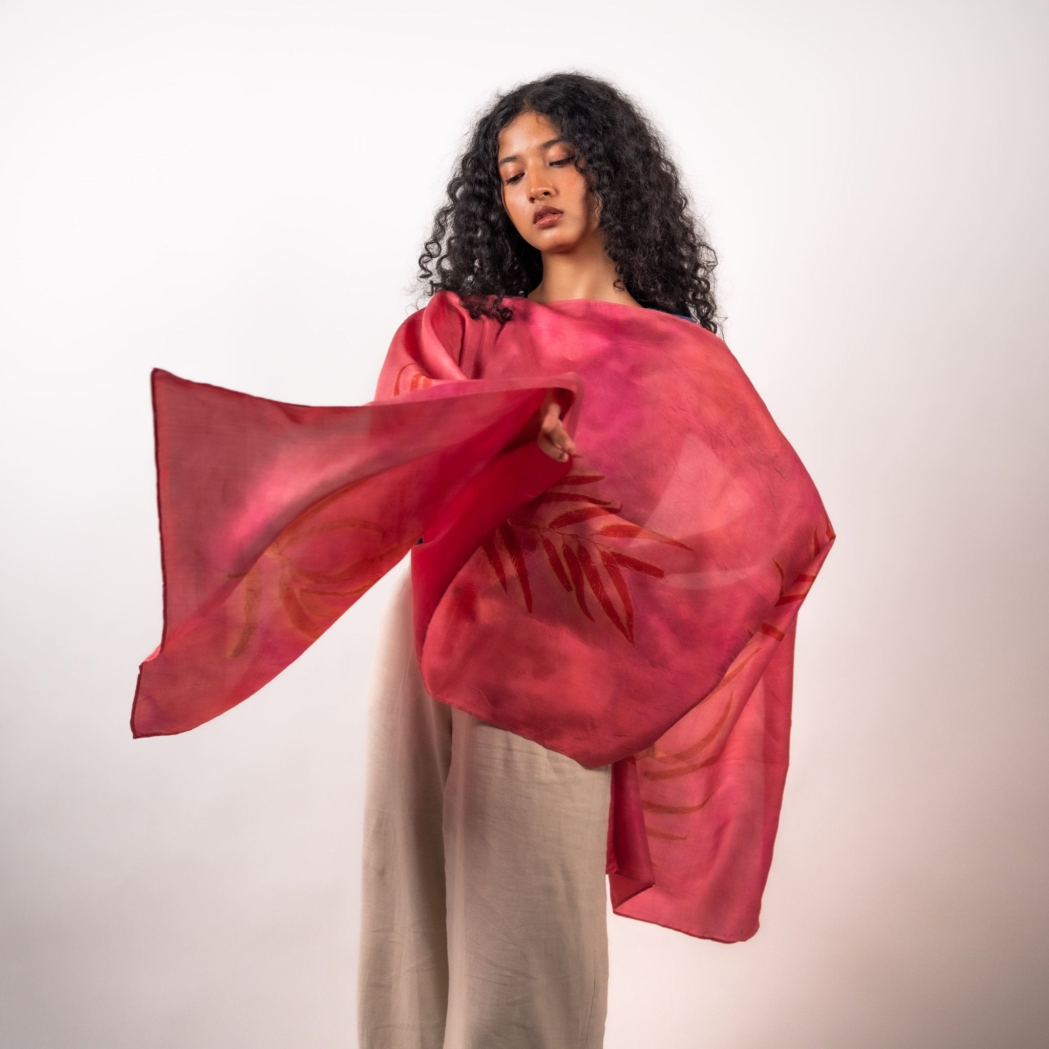 Fuschia Eucalyptus Silk Scarf – Handcrafted Natural Silk Stole – Womens Scarf on Brown Living™. SKU: scarffuschia. Img 4.