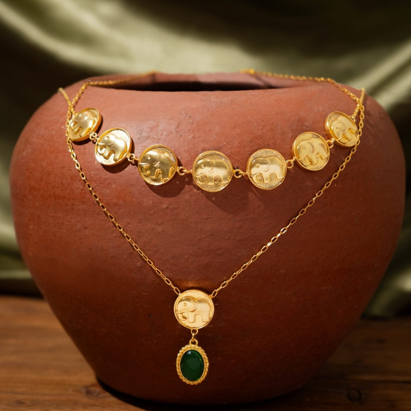 Gajraj Necklace | 18K Gold Plated Emerald Statement Necklace – Womens Necklaces on Brown Living™. SKU: NSGN04. Img 1.