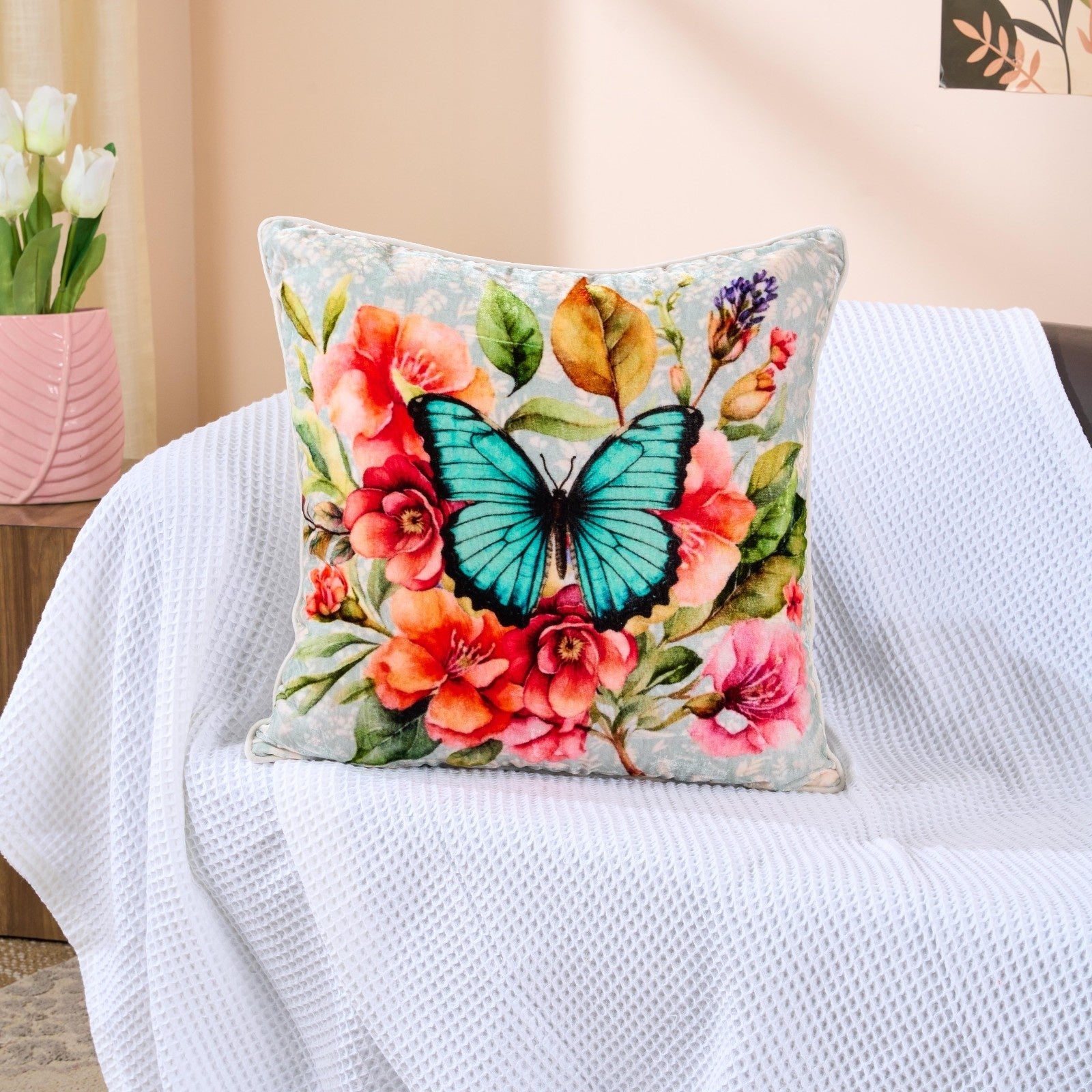 Gardenia Charm Velvet Cushion | Floral Luxury Decorative Cushion – Pillow on Brown Living™. SKU: TEE-25725. Img 1.