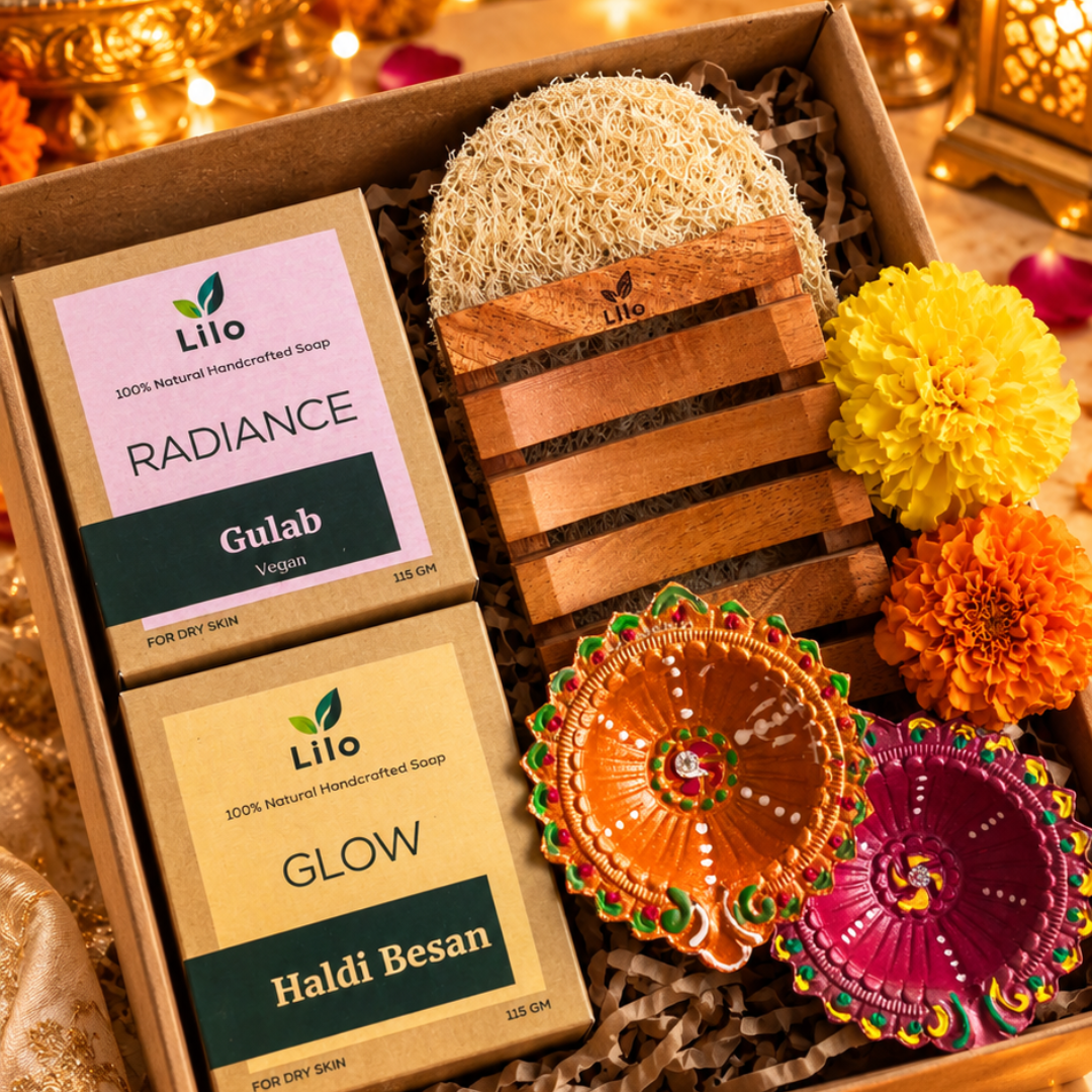 Gift Hamper with Handmade Soaps, Diyas & Natural Essentials – Gift Box on Brown Living™. SKU: SKG001. Img 3.