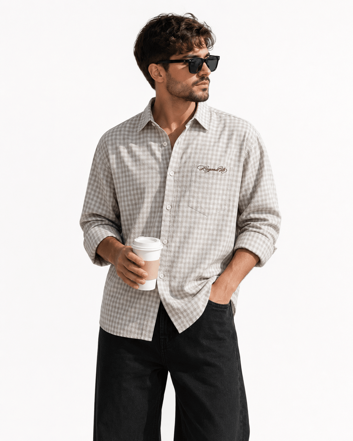 Gingham Men's Shirt | Classic Cotton Casual Shirt – Men Shirt on Brown Living™. SKU: M-CHECKS-SHIRT-GREY-S1. Img 7.